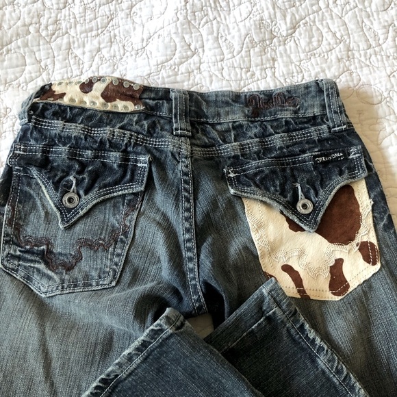 Miss Me Cowhide Women's Boot Cut Jeans - Blue and Brown Size 26 - Picture 1 of 12